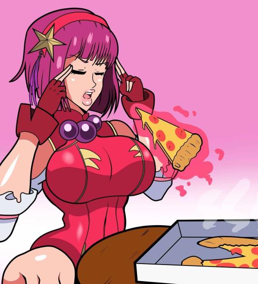 1girl, asamiya_athena, breasts, dress, fingerless_gloves, food, gloves, hair_ornament