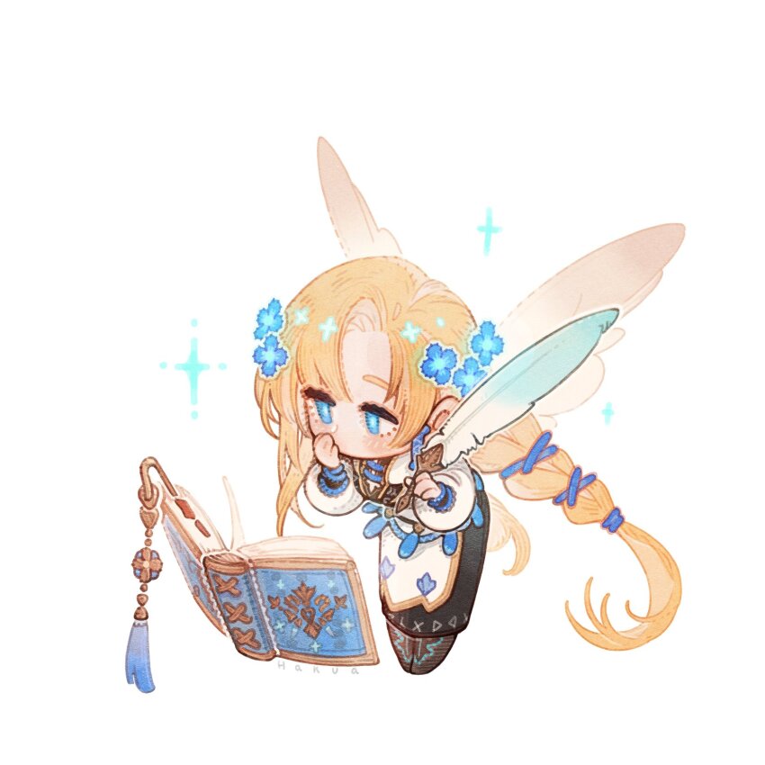 1girl, blonde_hair, blony_(mabinogi), blue_eyes, blue_flower, book, fairy, flower