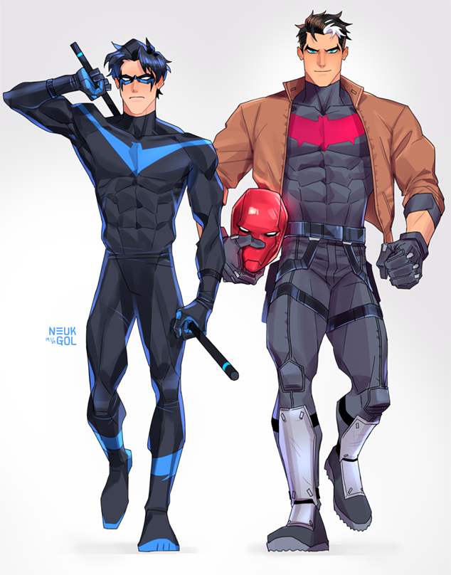 batman_(series), batman_symbol, black_bodysuit, black_gloves, black_hair, blue_eyes, bodysuit, brothers