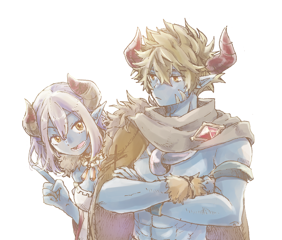 1boy, 1girl, abs, another_eden, armlet, behind_another, blue_skin, breasts