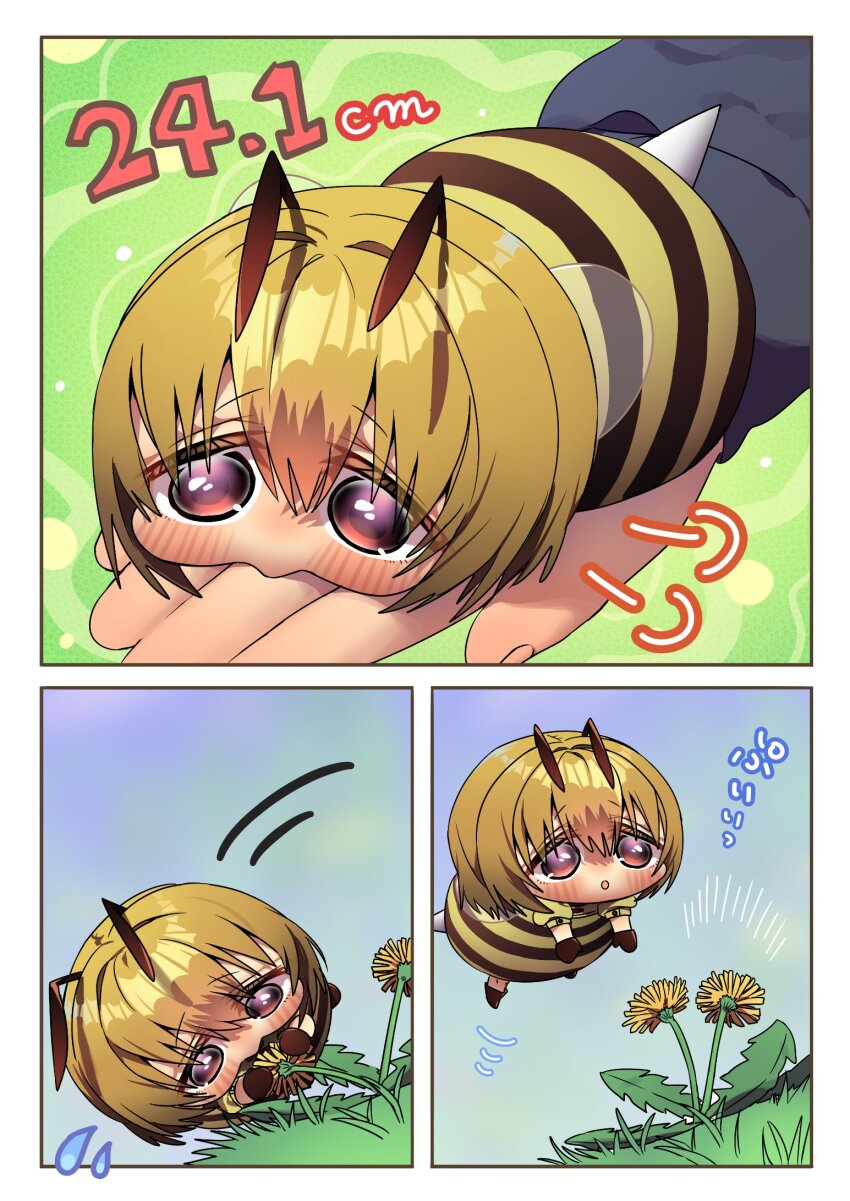 1boy, 1girl, antenna_hair, arthropod_girl, bee_girl, bee_print, blonde_hair, border, brown_gloves, flower, flying, flying_sweatdrops, gloves, highres, insect_girl, measurements, mini_person, minigirl, motion_lines, on_hand, original, outdoors, outside_border, purple_eyes, size_comparison, size_difference, sound_effects, stinger, uryuuminene18, white_border, wings