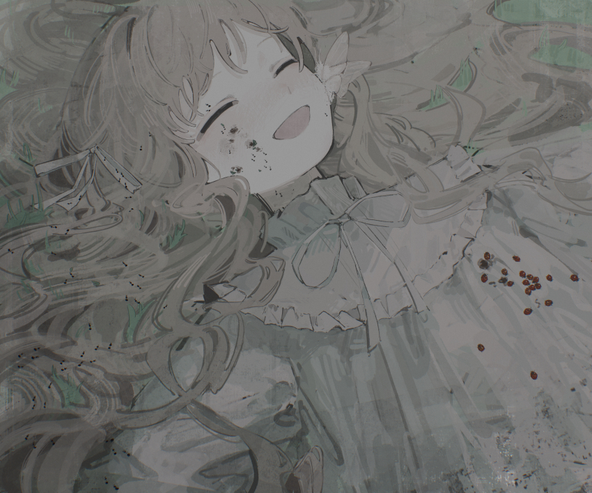 1girl, absurdres, ant, brown_hair, bug, butterfly, butterfly_on_face, closed_eyes