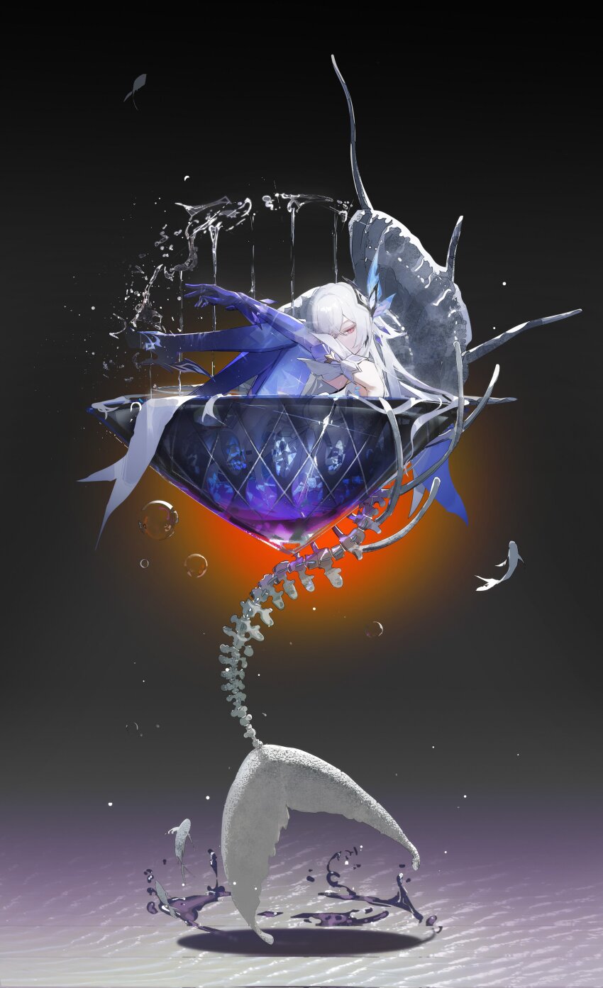 1girl, absurdres, air_bubble, black_background, breasts, bubble, commentary, dress, efanziyu, fish, fish_skeleton, genshin_impact, hair_ornament, highres, knees_to_chest, long_hair, looking_at_viewer, medium_breasts, partially_submerged, purple_hands, purple_thighhighs, red_eyes, skirk_(genshin_impact), solo, thighhighs, water, white_dress, white_hair