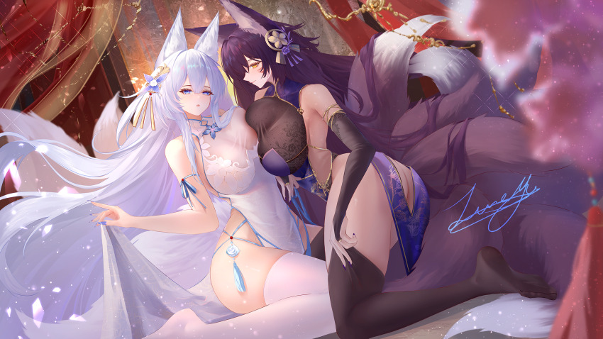 2girls, absurdly_long_hair, alternate_costume, ass, azur_lane, bare_shoulders, black_bridal_gauntlets, black_thighhighs, blue_nails, blue_ribbon, breast_press, breasts, bridal_gauntlets, butt_crack, butterfly_hair_ornament, china_dress, chinese_clothes, cleavage, commentary_request, dress, elbow_gloves, facial_mark, gloves, gold_trim, hair_between_eyes, hair_ornament, highres, kitsune, kneeling, kyuubi, large_breasts, large_tail, long_hair, multiple_girls, multiple_tails, musashi_(azur_lane), nail_polish, pelvic_curtain, purple_dress, purple_hair, purple_nails, ribbon, see-through_cleavage, see-through_clothes, shinano_(azur_lane), signature, sleeveless, sleeveless_dress, symmetrical_docking, tail, thighhighs, very_long_hair, whisker_markings, white_dress, white_hair, white_thighhighs, yellow_eyes, zuic