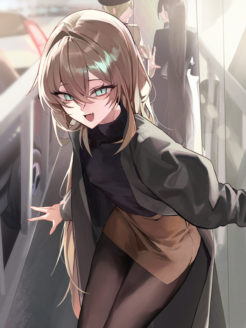 1boy, 2girls, absurdres, blonde_hair, brown_skirt, car, commentary_request, crossdressing