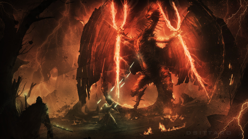 2boys, absurdres, armor, casting_spell, dragon, dsittaro, elden_ring, from_behind