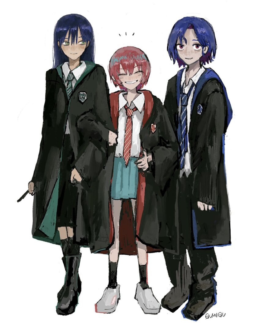 1boy, 2girls, amate_yuzuriha, blue_hair, collared_shirt, colored_inner_hair, full_body, gumidrawing, gundam, gundam_gquuuuuux, harry_potter_(series), highres, hogwarts_school_uniform, holding, holding_wand, jacket, locked_arms, long_hair, looking_at_viewer, multicolored_hair, multiple_girls, necktie, nyaan_(gundam_gquuuuuux), open_mouth, pants, parody, purple_hair, red_eyes, red_hair, school_uniform, shirt, short_hair, shuji_ito, skirt, smile, standing, two-tone_hair, wand, white_shirt, wizarding_world, yellow_eyes