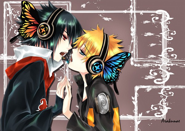 2boys, arakunae, cosplay, male_focus, multiple_boys, naruto_(classic), naruto_(series), uchiha_sasuke, uzumaki_naruto, vocaloid