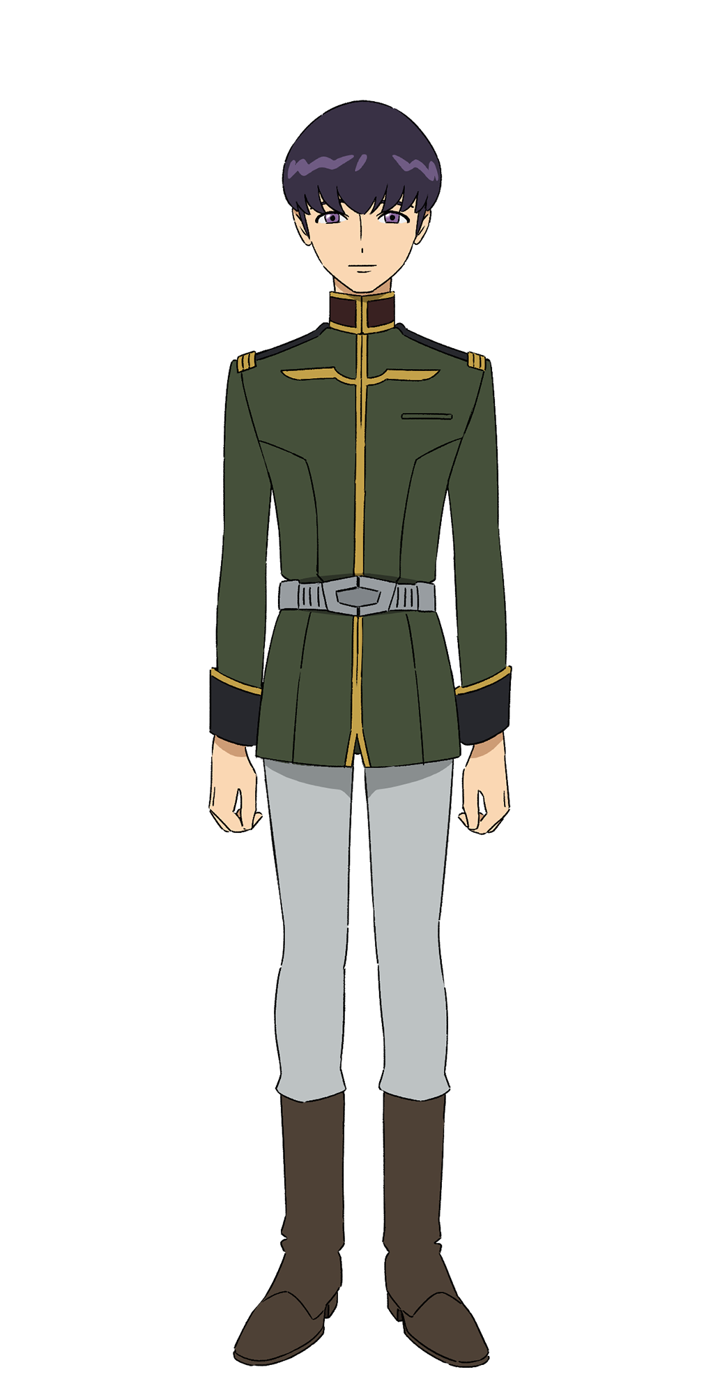 1boy, belt, benowa, boots, bowl_cut, brown_boots, epaulettes, full_body, gundam, gundam_gquuuuuux, highres, looking_at_viewer, male_focus, military_uniform, official_art, pants, purple_eyes, purple_hair, short_hair, simple_background, solo, standing, transparent_background, tunic, white_pants, zeon