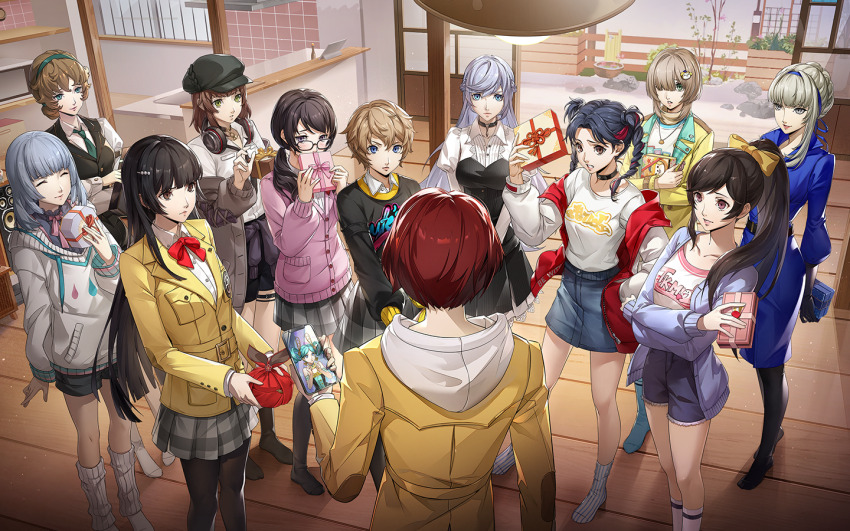 1boy, 6+girls, angry, arai_motoha, artist_request, black-framed_eyewear, black_gloves, black_pantyhose, black_vest, blonde_hair, blue_dress, blue_skirt, box, box_of_chocolates, braid, brown_hair, buttons, cellphone, closed_eyes, closed_mouth, crossed_arms, dogenzaka_runa, dress, from_behind, glasses, gloves, green_eyes, green_hairband, green_necktie, grey_hair, grey_skirt, hair_over_one_eye, hairband, harem, hat, headphones, headphones_around_neck, holding, holding_phone, indoors, jacket, kamishiro_nagisa, li_yaoling, low_twintails, merope_(p5x), miyashita_minami, kotone_montagne, multiple_girls, necktie, newsboy_cap, no_shoes, noge_tomoko, off_shoulder, official_art, one_eye_covered, pantyhose, persona, persona_5, persona_5:_the_phantom_x, phone, plaid_clothes, plaid_skirt, ponytail, sakai_ayaka, sawara_miyu, school_uniform, shiina_yumi, short_hair, skirt, smile, tanemura_riko, third-party_source, twin_braids, twintails, valentine, vest, wonder_(p5x), wooden_floor