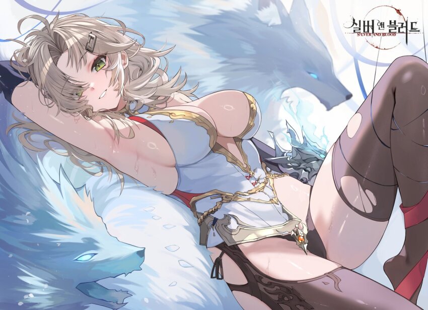 1girl, armpits, asymmetrical_legwear, black_panties, blonde_hair, bound_leg, breasts, center_opening