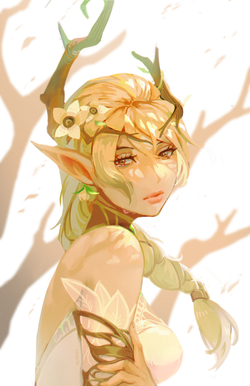 1girl, absurdres, afk_(series), afk_journey, artist_name, ayzhart, bare_shoulders, blonde_hair