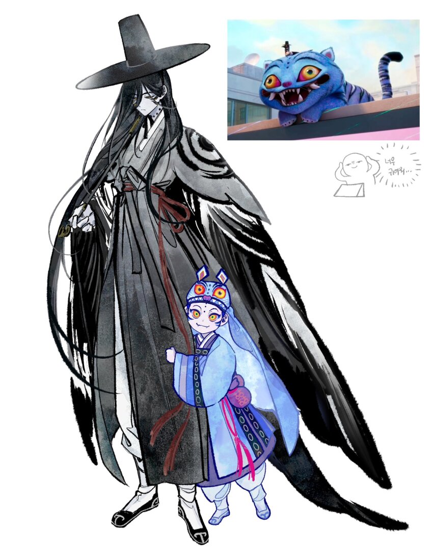 2boys, :3, baji, bird, black_hair, black_hanbok, black_hat, black_sclera, black_shoes, blue_hair, blue_hanbok, blue_hat, child, closed_mouth, colored_sclera, commentary, derpy_(kpop_demon_hunters), extra_eyes, facial_mark, fangs, green_pupils, hanbok, hat, highres, holding, holding_smoking_pipe, hugging_another's_leg, kiseru, korean_clothes, korean_text, kpop_demon_hunters, long_hair, long_sleeves, looking_at_viewer, looking_down, magpie, male_focus, mman_moon, multiple_boys, orange_eyes, pants, personification, red_ribbon, ribbon, screenshot_inset, shoes, simple_background, smoking_pipe, standing, sussie_(kpop_demon_hunters), untranslatable_commentary, tiger, torii, very_long_hair, white_background, white_pants, wide_sleeves, yellow_eyes
