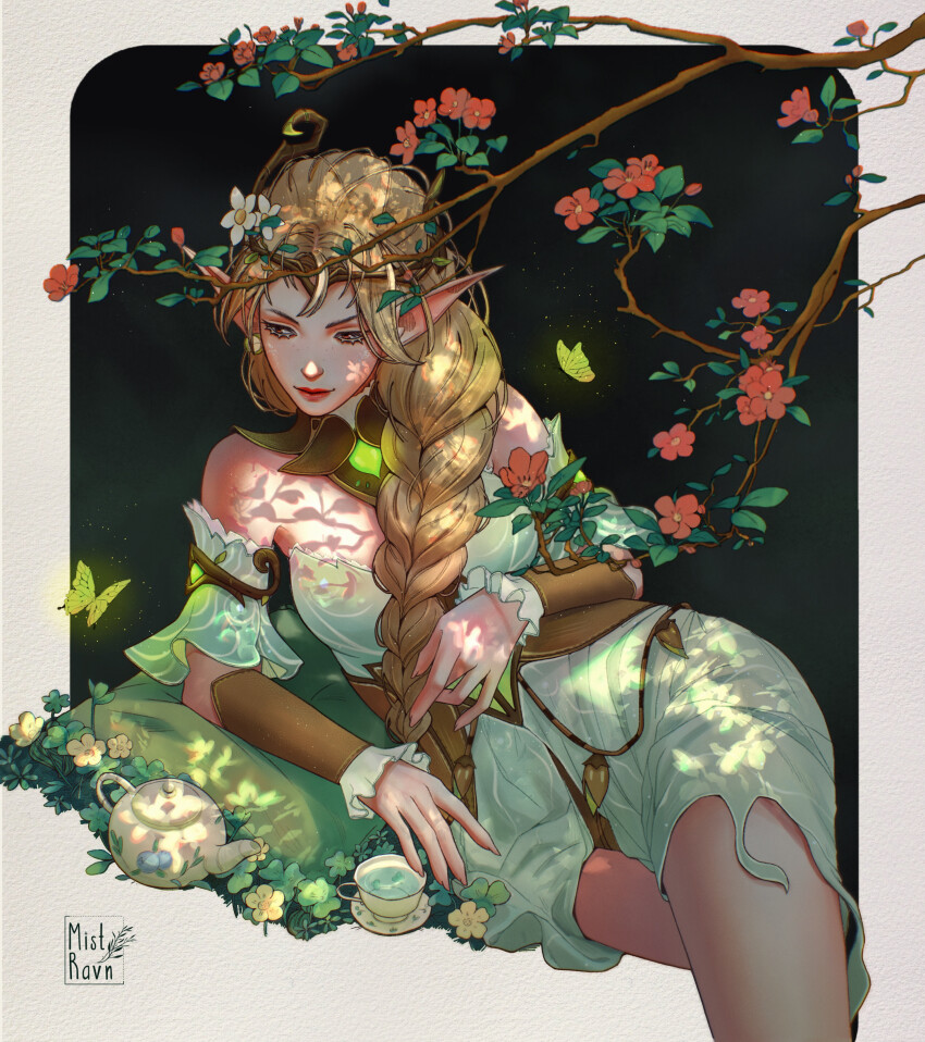 1girl, \||/, absurdres, afk_(series), afk_journey, aqua_dress, artist_name, bare_shoulders