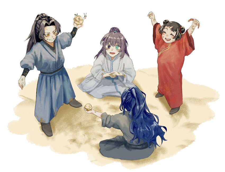 2boys, 2girls, aged_down, aqua_eyes, arms_up, black_hair, black_hanfu, black_sash