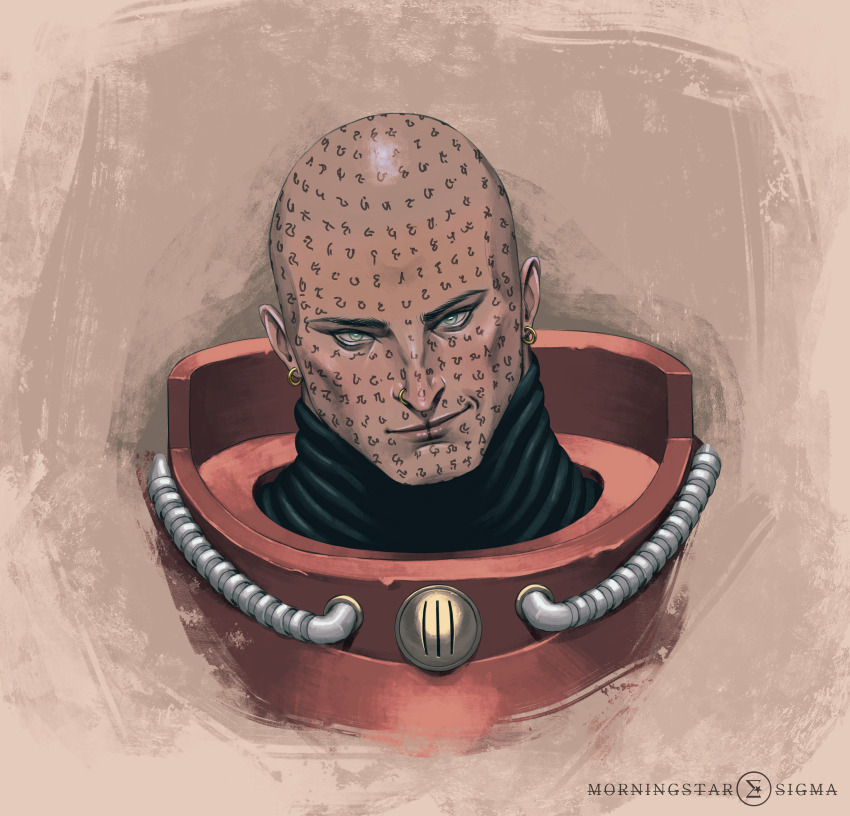 1boy, absurdres, armor, artist_logo, artist_name, bald, breastplate, chaos_(warhammer), chaplain, ear_piercing, earrings, erebus_(wh40k), face_piercing, facial_mark, facial_tattoo, gorget, green_eyes, heresy_(warhammer), highres, hoop_earrings, jewelry, light_smile, logo, looking_at_viewer, male_focus, nose_piercing, piercing, power_armor, red_armor, smile, solo, tattoo, tube, v_moonstar, warhammer_40k, word_bearers