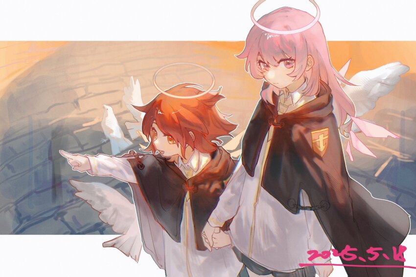 2girls, :d, arknights, black_cape, cape, chinese_commentary, chromatic_aberration, closed_mouth