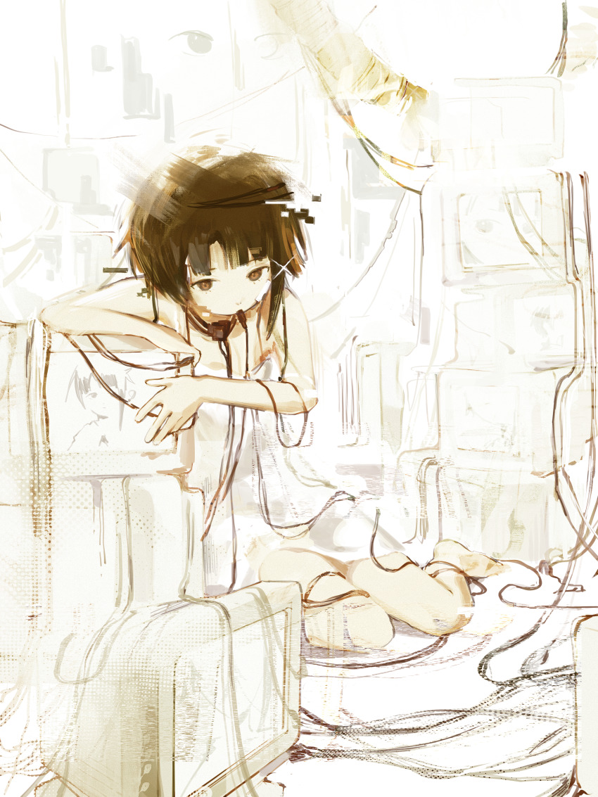 1girl, absurdres, bare_arms, bare_shoulders, brown_eyes, brown_hair, cable, crt, dress, full_body, glitch, hair_ornament, highres, iwakura_lain, looking_at_viewer, mouth_hold, serial_experiments_lain, short_hair, shuuyakikou, sitting, sleeveless, sleeveless_dress, solo, spaghetti_strap, wariza, white_dress, white_theme, x_hair_ornament