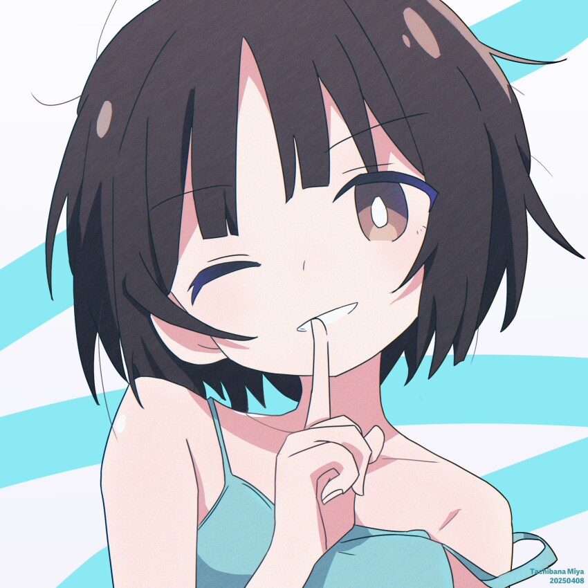 1girl, amagami, aqua_background, aqua_camisole, bare_shoulders, black201_wav, bob_cut, bright_pupils