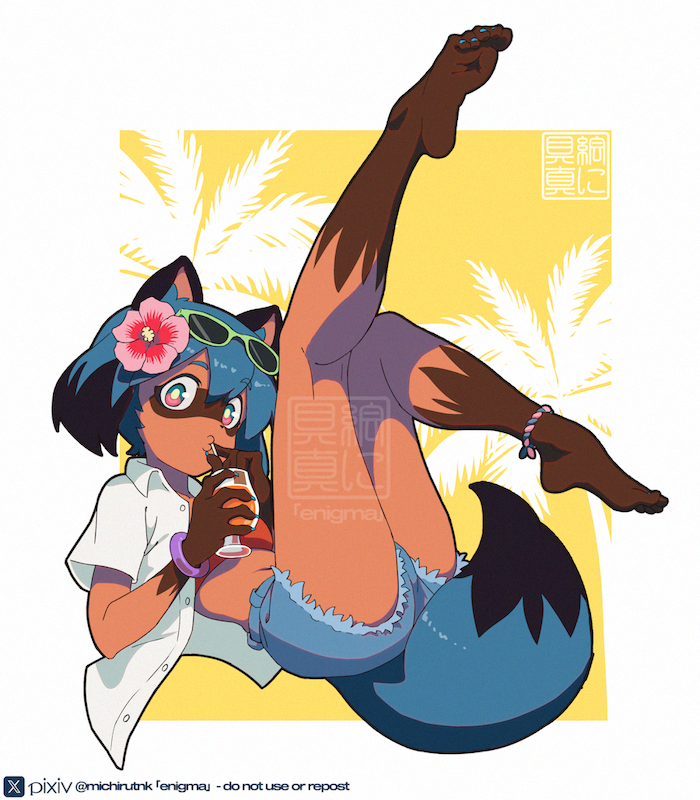 1girl, :3, animal_ears, artist_name, barefoot, bikini, bikini_top_only, black_hair