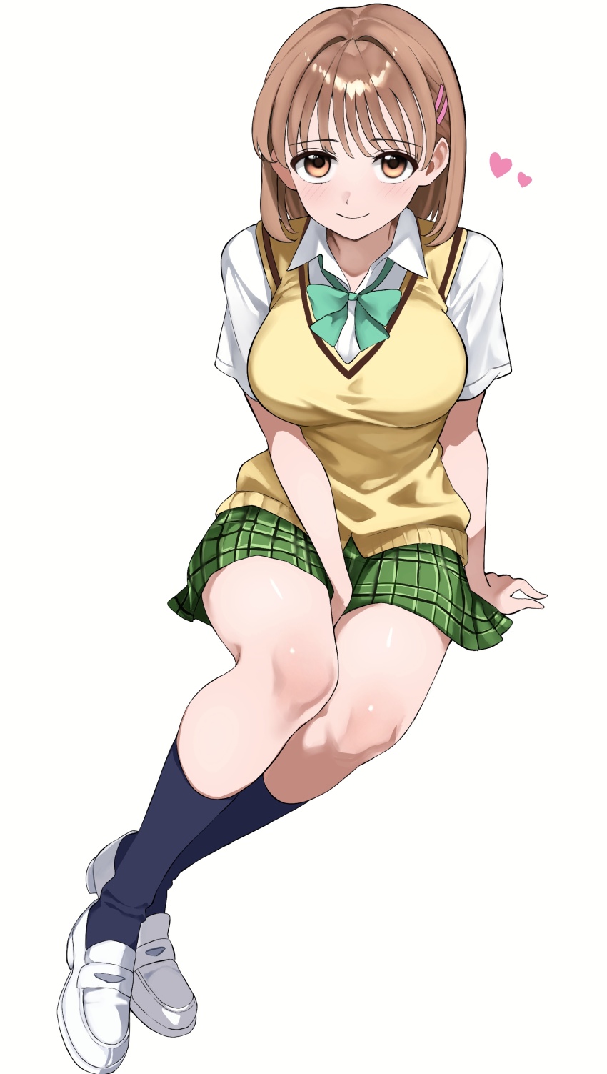 1girl, absurdres, arai_sayaka, arm_support, between_legs, black_socks, bow, bowtie, breasts, brown_eyes, brown_hair, closed_mouth, collared_shirt, commentary_request, commission, full_body, green_bow, green_bowtie, green_skirt, hair_ornament, hairclip, hand_between_legs, heart, highres, kasumi_6, large_breasts, loafers, pixiv_commission, pleated_skirt, school_uniform, shirt, shoes, short_hair, sitting, skirt, smile, socks, solo, sweater_vest, to_love-ru, white_shirt, white_shoes, yellow_sweater_vest