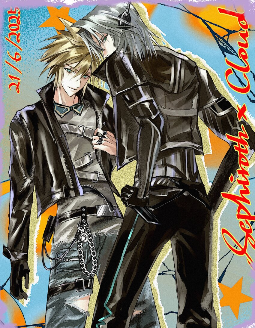 2boys, 3_3lecho, absurdres, adjusting_clothes, aqua_eyes, belt, black_belt, black_gloves