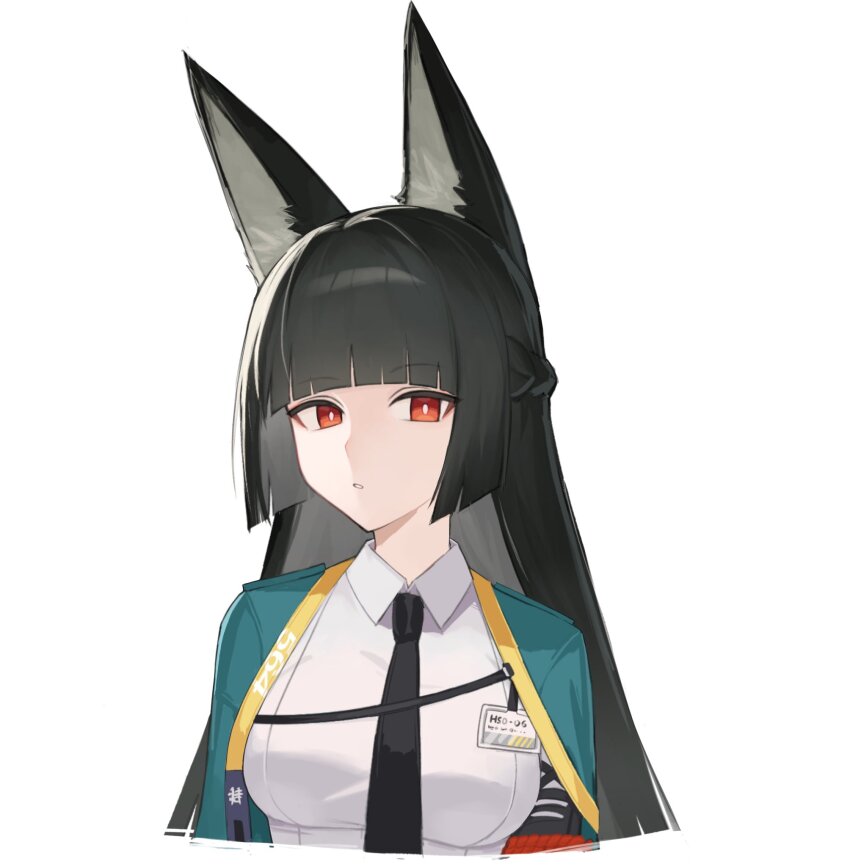 1girl, animal_ears, bajigurr, black_hair, black_necktie, blunt_bangs, bright_pupils, collared_shirt