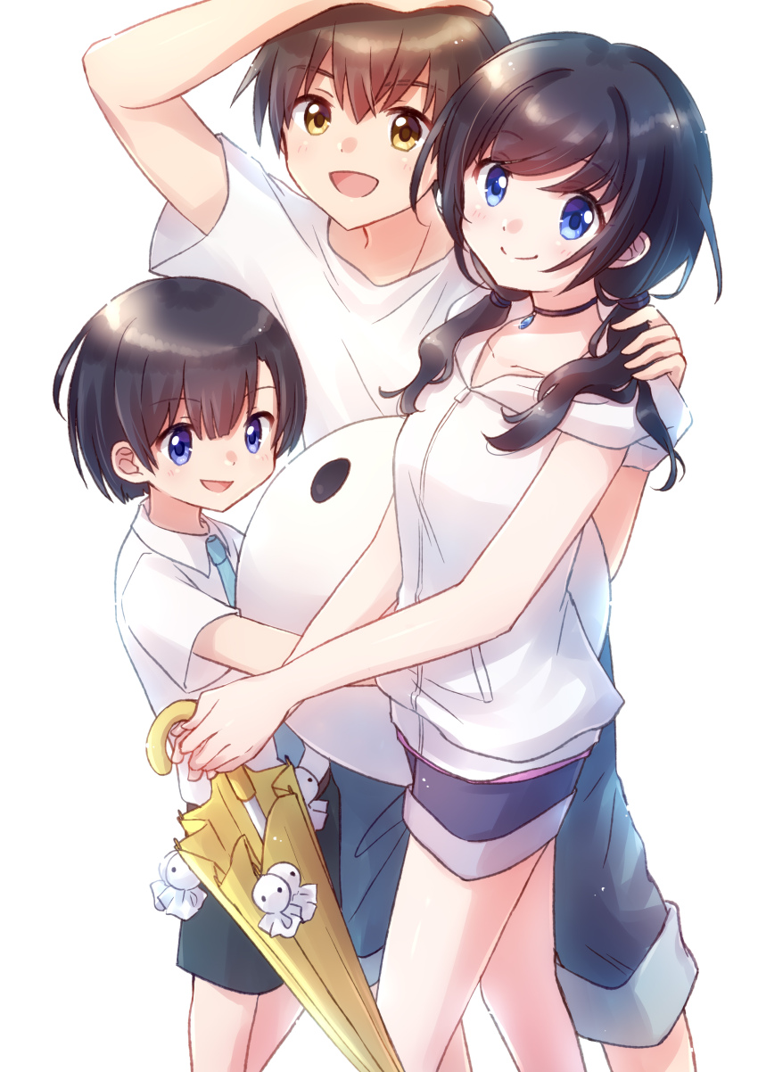 1girl, 2boys, absurdres, amano_hina_(tenki_no_ko), amano_nagi, black_choker, black_hair, blue_eyes