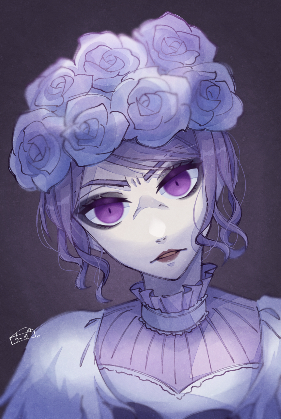 1girl, bridal_veil, cheesecaked23, disneyland, eyelashes, flower, flower_wreath, ghost_girl, head_wreath, heart-shaped_lock, highres, keyhole, lipstick, looking_at_viewer, makeup, purple_eyes, purple_flower, purple_rose, ribs, rose, see-through_clothes, short_hair, solo, the_bride_(disneyland), the_haunted_mansion, veil, white_flower, white_rose