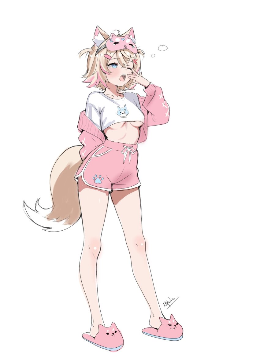 1girl, animal_ear_fluff, animal_ears, bandaid, bandaid_hair_ornament, blonde_hair, breasts, bubblegumiiarts