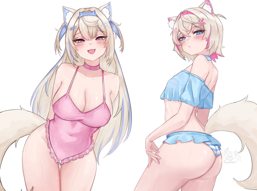 2girls, :d, absurdres, alternate_costume, animal_ear_fluff, animal_ears, arms_behind_back, ass