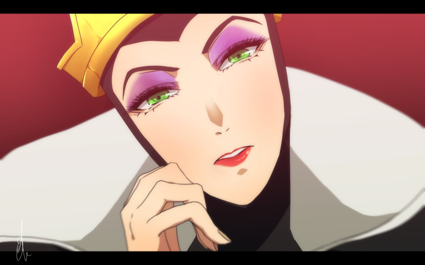 1girl, animification, cosplay, crown, fake_horns, green_eyes, horned_headwear, horns, lips, lipstick, looking_at_viewer, makeup, okoge1138, queen, queen_grimhilde, queen_grimhilde_(cosplay), red_lips, smile, snow_white_and_the_seven_dwarfs_(disney), solo, wimple