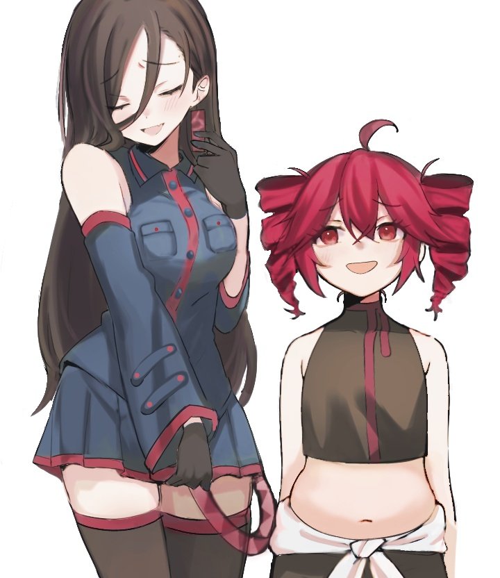 2girls, ahoge, bare_shoulders, belt, black_gloves, black_hair, black_shirt, black_skirt