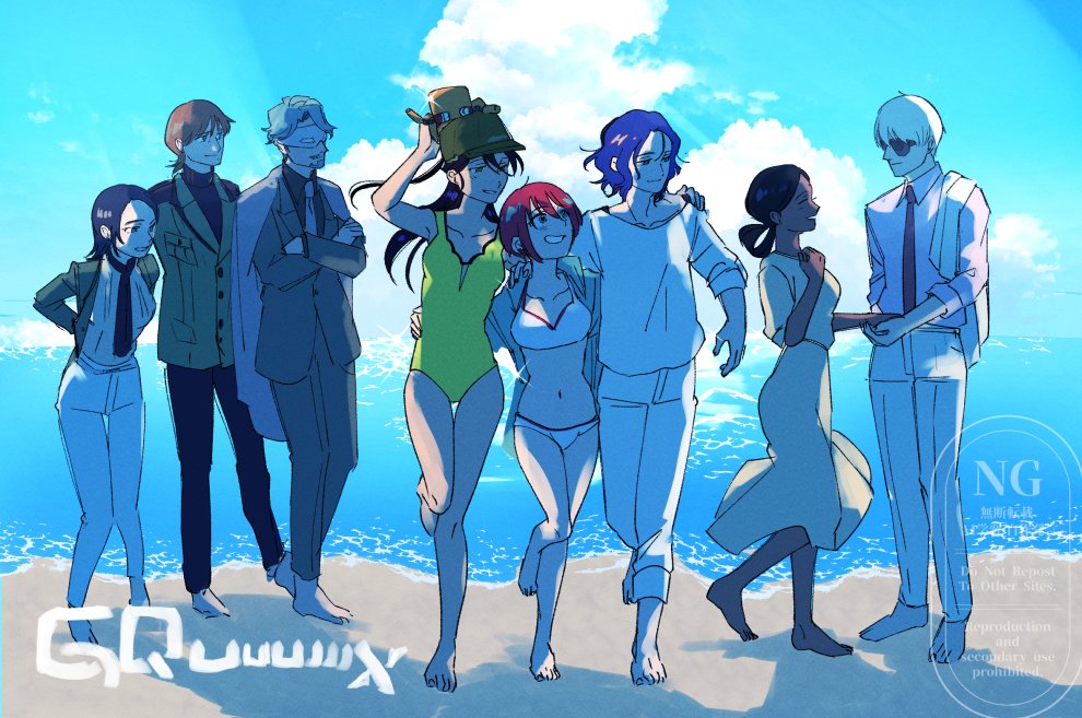 4boys, 4girls, amate_yuzuriha, aqua_eyes, barefoot, beach, beard, beeeeetan, bikini, bindi, black_hair, blonde_hair, blue_hair, blush, breasts, brown_hair, challia_bull, char_aznable, closed_mouth, colored_inner_hair, commentary_request, comoli_harcourt, conch_(gundam), copyright_name, dark-skinned_female, dark_skin, day, double_bun, dress, facial_hair, forehead, formal_clothes, green_eyes, green_hair, gundam, gundam_gquuuuuux, hair_bun, holding, jacket, lalah_sune, long_hair, long_sleeves, mask, military_uniform, mole, mole_under_eye, mole_under_mouth, multicolored_hair, multiple_boys, multiple_girls, mustache, necktie, nyaan_(gundam_gquuuuuux), ocean, open_mouth, outdoors, purple_hair, red_eyes, red_hair, sand, shirt, short_hair, shuji_ito, smile, suit, sunglasses, swimsuit, tank_top, two-tone_hair, water, watermark, white_shirt, xavier_olivette, yellow_dress, yellow_eyes, zeon