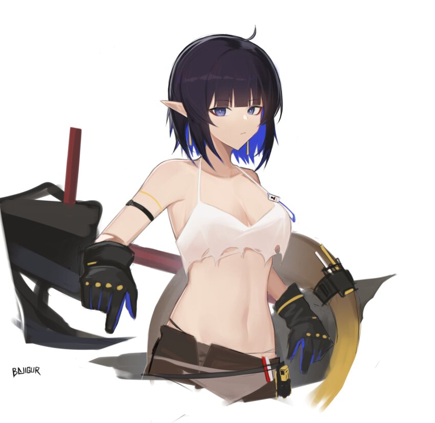 1girl, ahoge, arknights, bajigurr, bare_shoulders, black_gloves, black_hair, blue_eyes