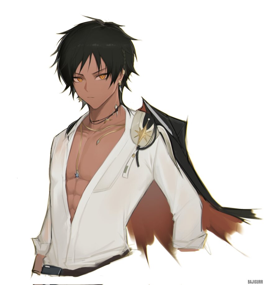 1boy, abs, arknights, artist_name, bajigurr, black_hair, bright_pupils, collarbone