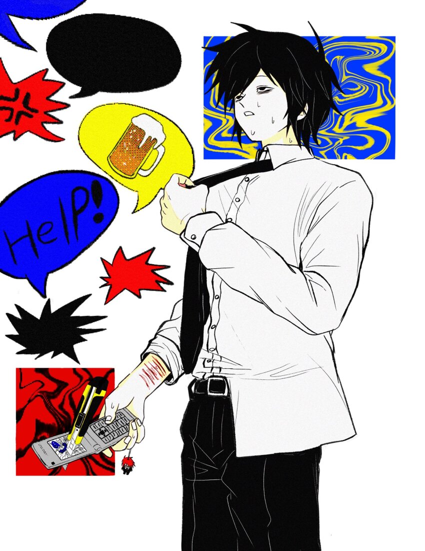 1boy, alcohol, beer, black_eyes, black_hair, black_necktie, boxcutter, cellphone