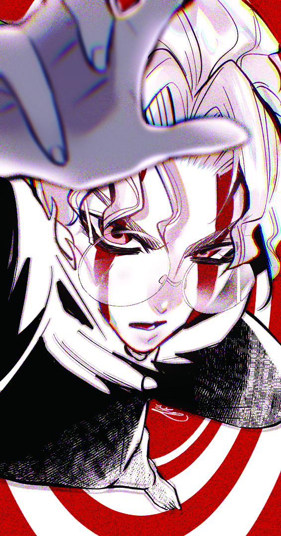 1boy, akinoazi, alternate_form, commentary_request, dandadan, facial_mark, from_above, glasses, looking_at_viewer, male_focus, open_mouth, red_eyes, round_eyewear, short_hair, solo, takakura_ken_(dandadan), takakura_ken_(transformed)_(dandadan), transformation, white_hair