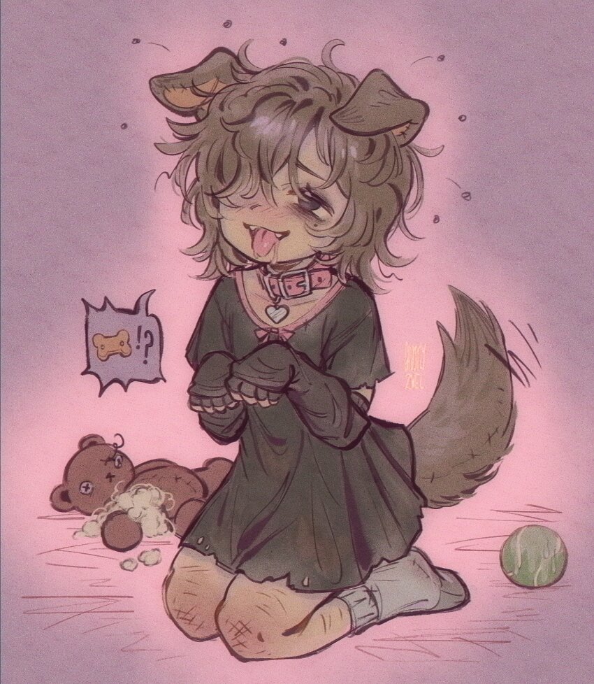 1girl, animal_ears, ball, blush, borrowed_character, brown_hair, collar, dirty, dog_ears, dog_girl, dog_tail, dress, drooling, excited, fangs, flea_(animal), floppy_ears, gh0sttnacht, happy, heart_collar, highres, kneeling, mole, mole_under_eye, my_name_is_your_choice, original, paw_pose, pet_play, saliva, saliva_trail, shirt, sleeves_past_wrists, smile, socks, solo, stuffed_animal, stuffed_toy, t-shirt, tail, tail_wagging, teddy_bear, tennis_ball, tongue, tongue_out