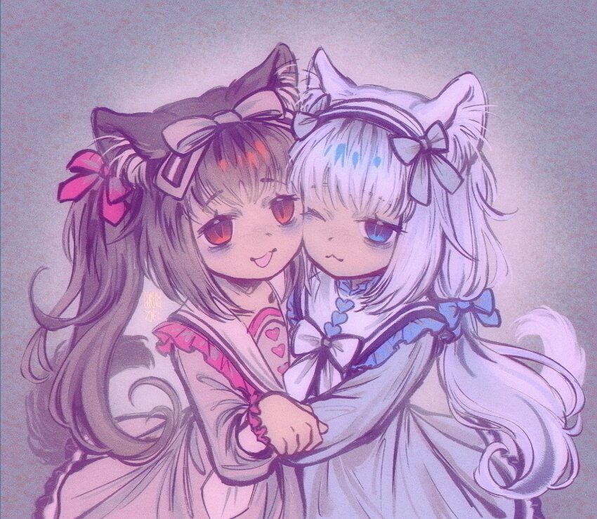 2girls, :3, aged_down, animal_ear_fluff, animal_ears, blue_bow, blue_dress, blue_eyes