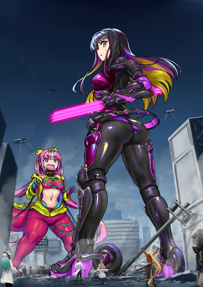 :o, arms_up, ass, black_bodysuit, black_hair, blonde_hair, blue_eyes, bodysuit