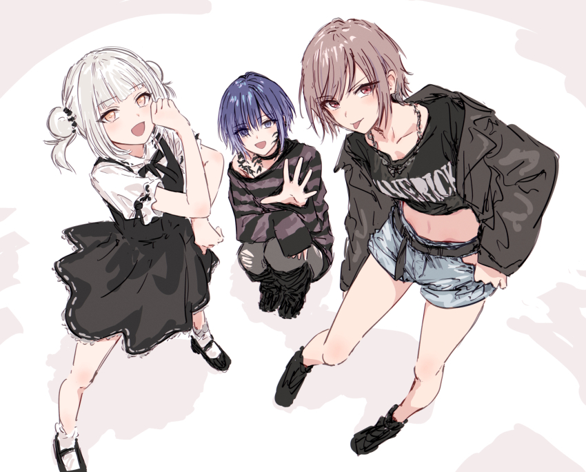 3girls, :p, belt, black_belt, black_choker, black_dress, black_jacket, black_shirt