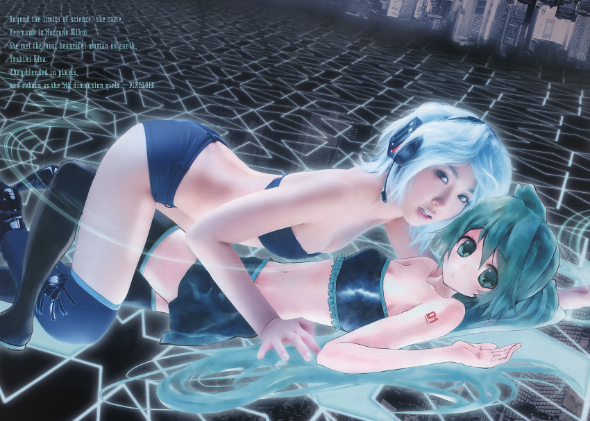2girls, blue_theme, cosplay, cosplay_photo, hatsune_miku, headset, highres, long_hair, multiple_girls, photo_(medium), playboy, scan, shuukan_playboy, tattoo, thighhighs, very_long_hair, vocaloid, yoshiki_risa