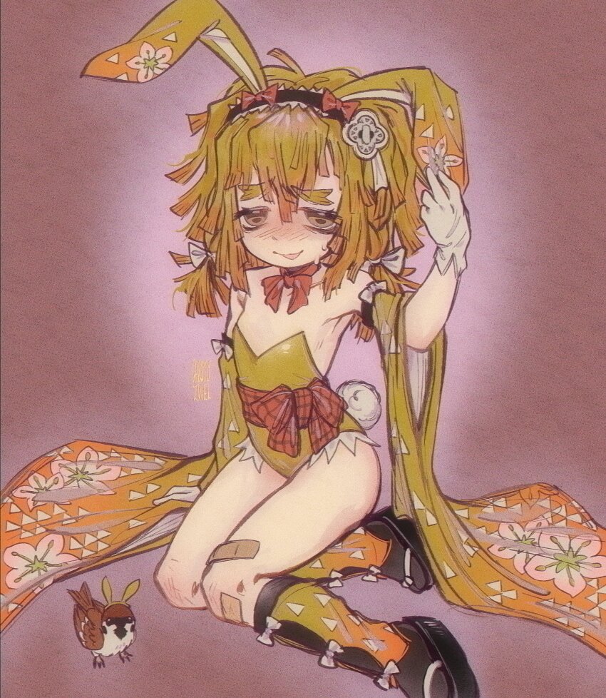 1boy, agatsuma_zenitsu, animal_ear_hairband, animal_ears, bandaid, bandaid_on_knee, bandaid_on_leg, bird