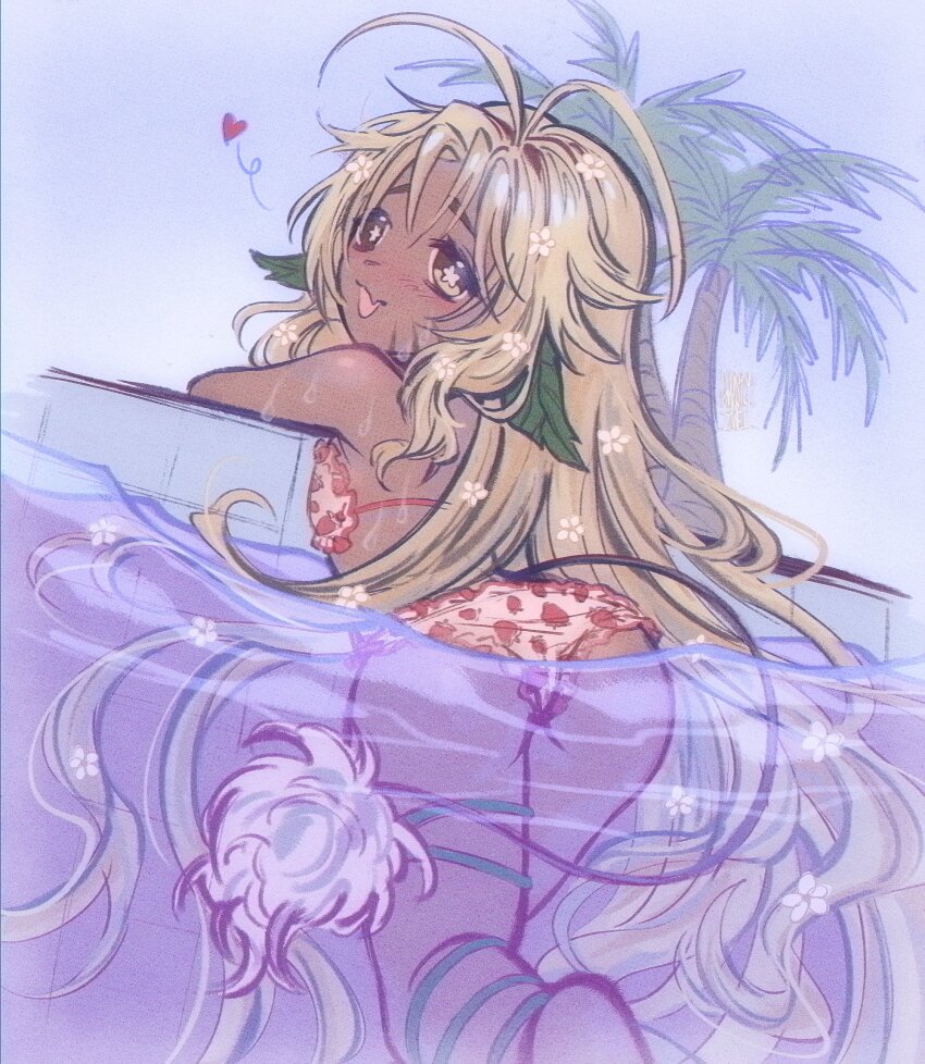1girl, antenna_hair, bambi_haze, bikini, blonde_hair, blush, dark-skinned_female, dark_skin, fang, flower, gh0sttnacht, hair_flower, hair_ornament, highres, indie_virtual_youtuber, loli, skin_fang, swimsuit, virtual_youtuber, wet