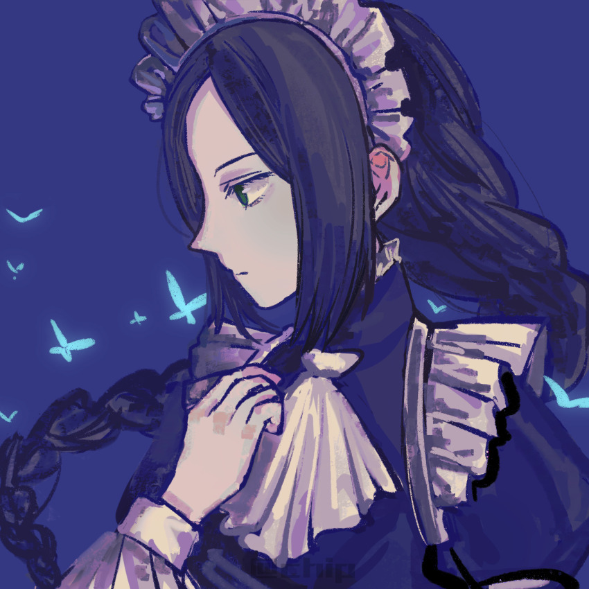 1girl, ascot, black_hair, blue_background, braid, bug, butterfly, chinese_commentary