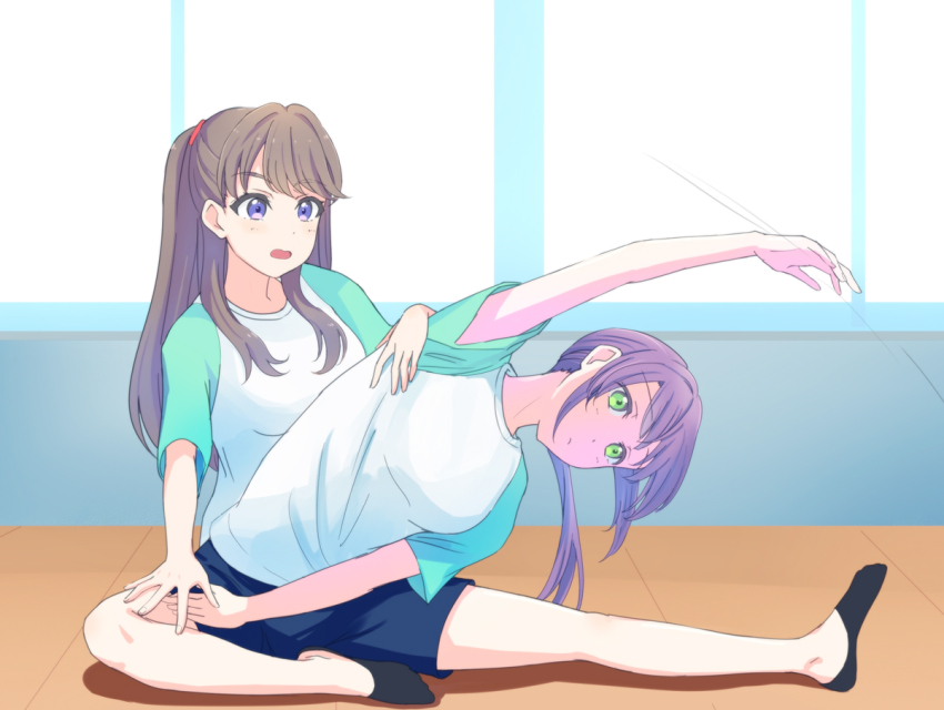 2girls, aqua_sleeves, assisted_stretching, black_socks, blue_shorts, breasts, brown_hair, check_commentary, commentary_request, fujishima_megumi, full_body, green_eyes, gym_shirt, gym_shorts, hair_intakes, hasu_no_sora_gym_uniform, indoors, link!_like!_love_live!, long_hair, looking_at_another, love_live!, low_ponytail, medium_breasts, multiple_girls, nekopan_(neko-blr), no-show_socks, no_shoes, official_alternate_hairstyle, otomune_kozue, outstretched_arm, ponytail, purple_eyes, purple_hair, shirt, short_sleeves, shorts, socks, stretching, two_side_up, virtual_youtuber, white_shirt, window