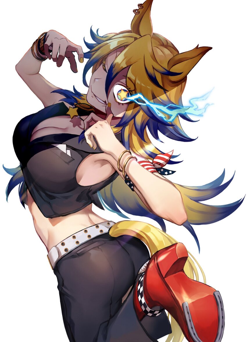 1girl, animal_ears, armband, black_pants, blonde_hair, blue_hair, boots, bracelet