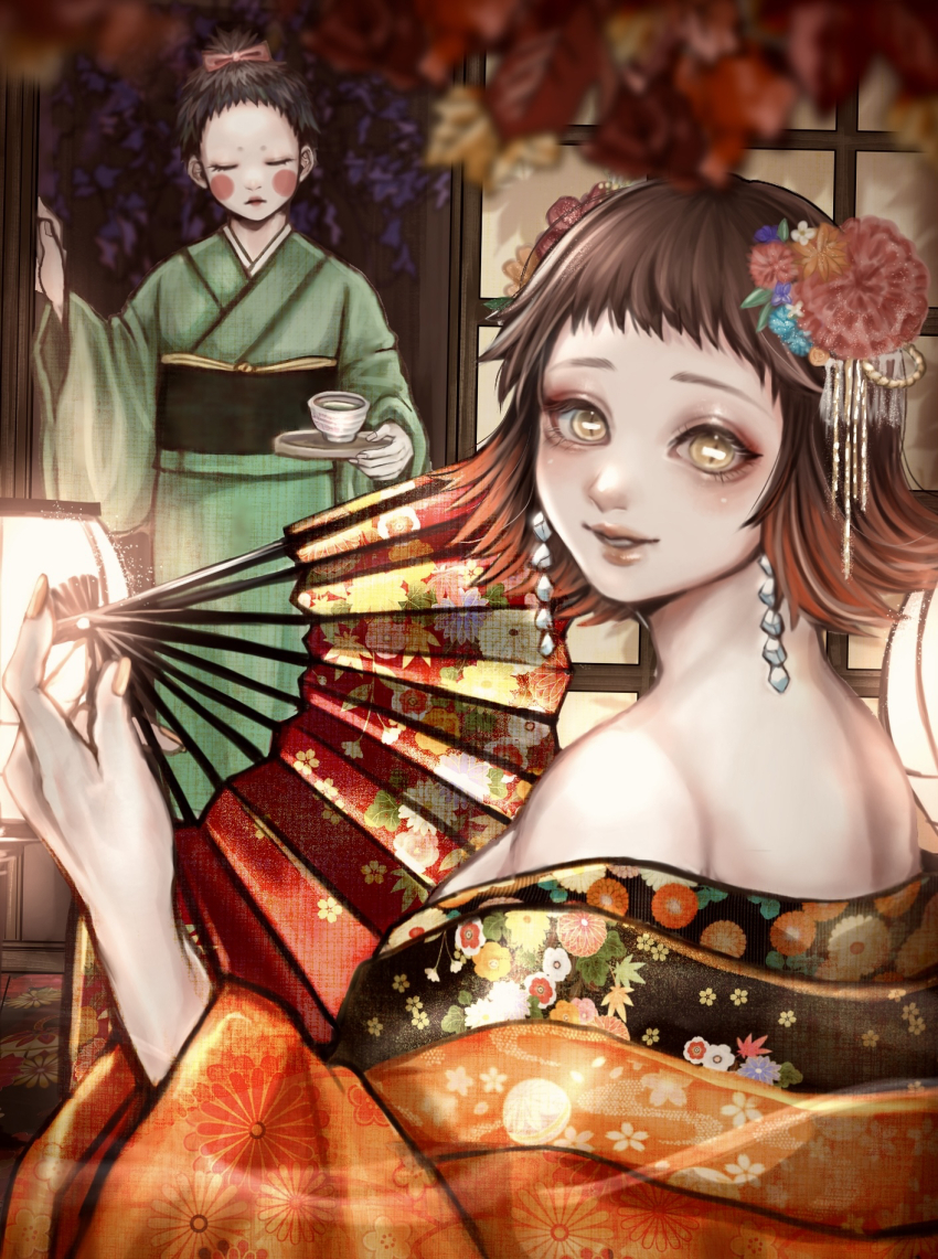 1boy, 1girl, bare_shoulders, black_hair, breasts, brown_hair, closed_eyes, commentary_request, cup, earrings, flower, green_kimono, hair_flower, hair_ornament, hand_fan, highres, holding, holding_fan, holding_tray, japanese_clothes, jewelry, kimetsu_no_yaiba, kimono, makeup, multicolored_hair, obi, orange_kimono, sash, shouji, sliding_doors, susamaru_(kimetsu_no_yaiba), tray, two-tone_hair, user_kntk3852, yahaba_(kimetsu_no_yaiba), yellow_eyes