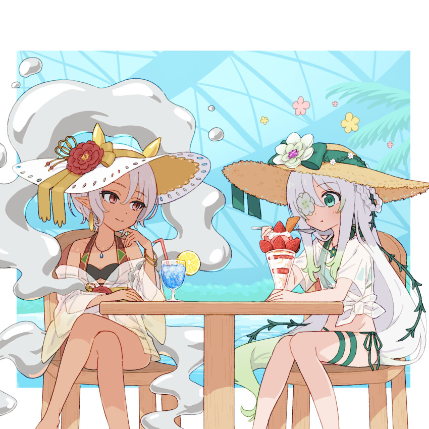 2girls, alternate_costume, anemone_(princess_connect!), bikini, blue_gem, bow, brown_hat, chair, cocktail, crossed_legs, drinking_straw, earrings, flower, flower_eyepatch, flower_over_eye, food, fruit, fujiyama_(yellow), gem, green_bikini, green_bow, green_eyes, grey_hair, hair_vines, hand_on_own_chin, hat, hat_bow, hat_flower, highres, jewelry, lemon, lemon_slice, long_hair, looking_at_another, monster_girl, multiple_girls, necklace, nephi=nera, pointy_ears, princess_connect!, red_eyes, red_flower, see-through_clothes, see-through_shirt, shirt, short_hair, side-tie_bikini_bottom, sitting, slime_girl, sorbet, straw_hat, swimsuit, table, thorns, tied_shirt, white_flower, white_hat